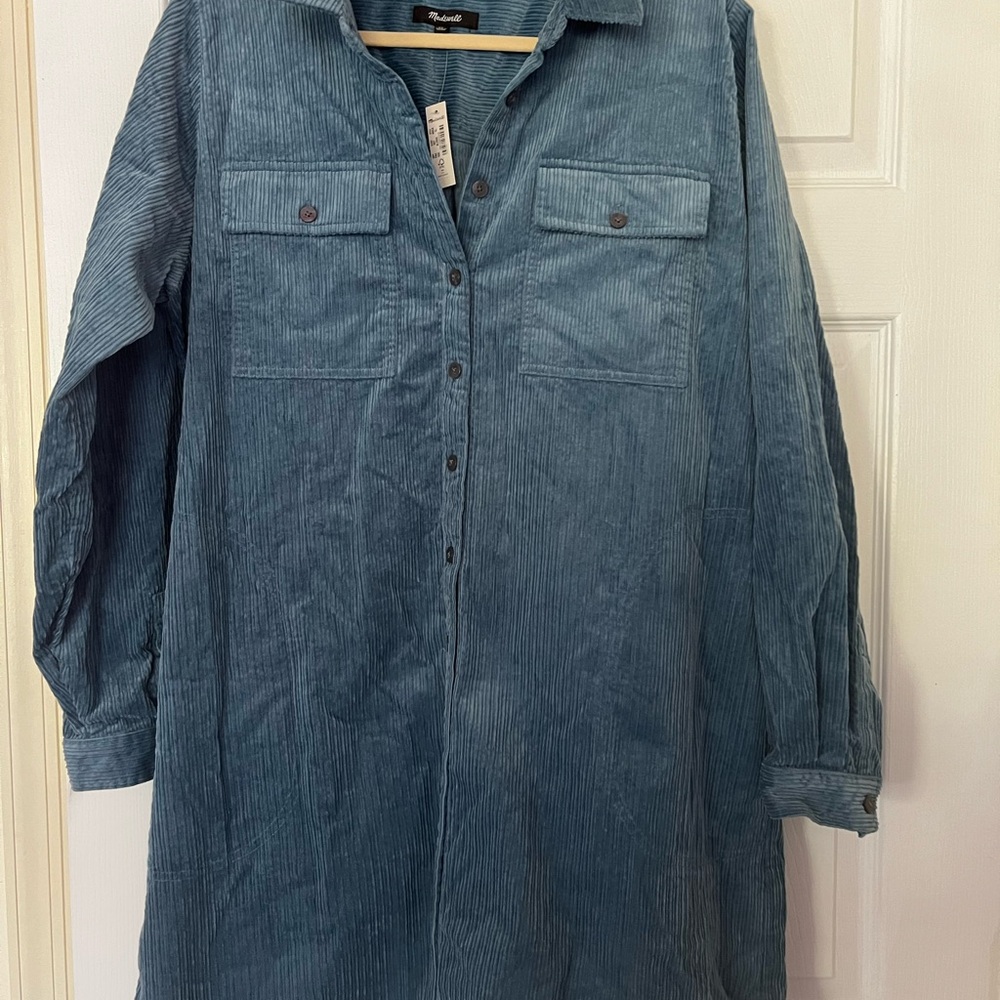 Madewell Teal Blue Corduroy Button-Front Long Sleeve Dress